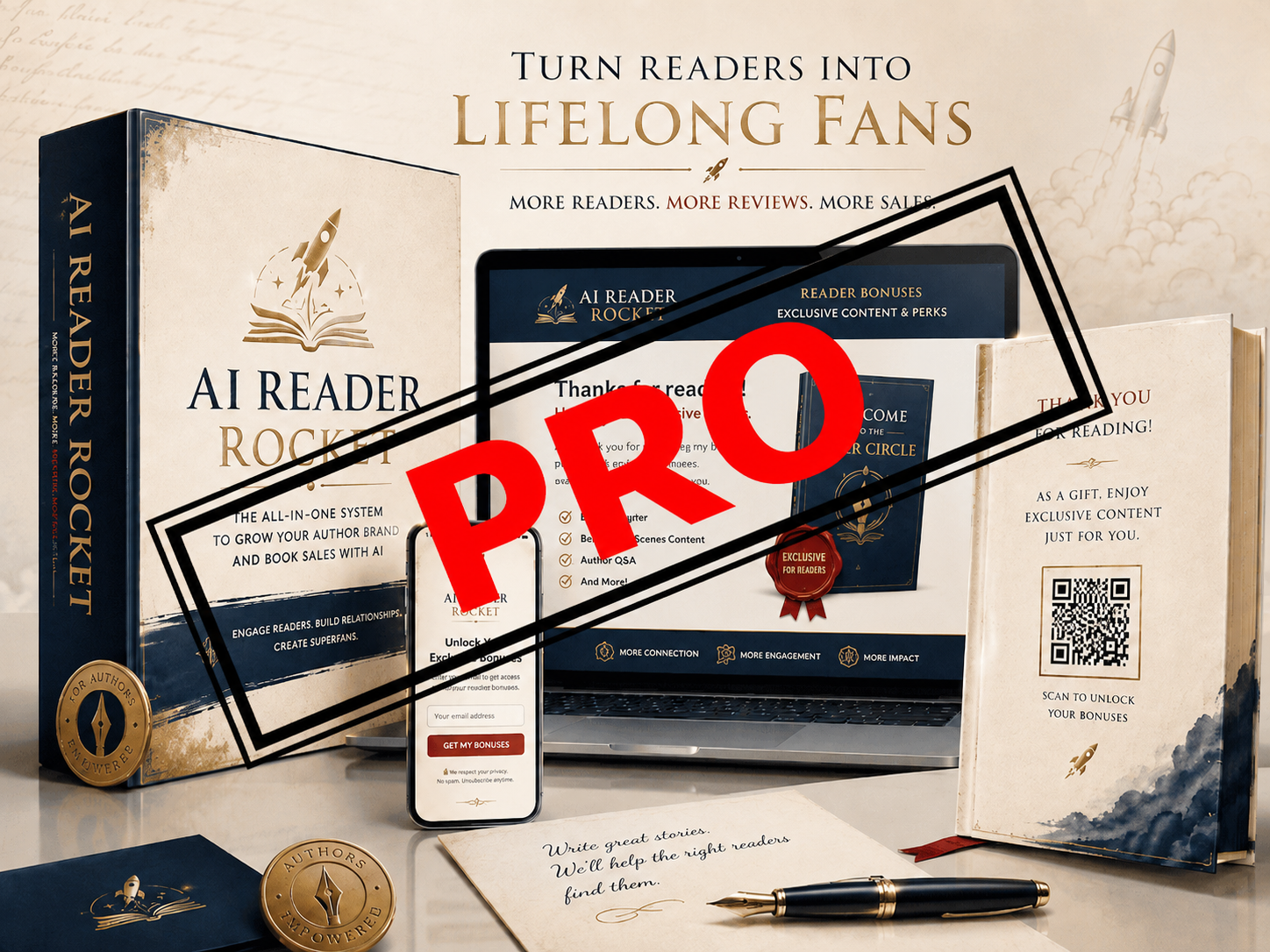 AI Reader Rocket shown across phone, tablet and paperback